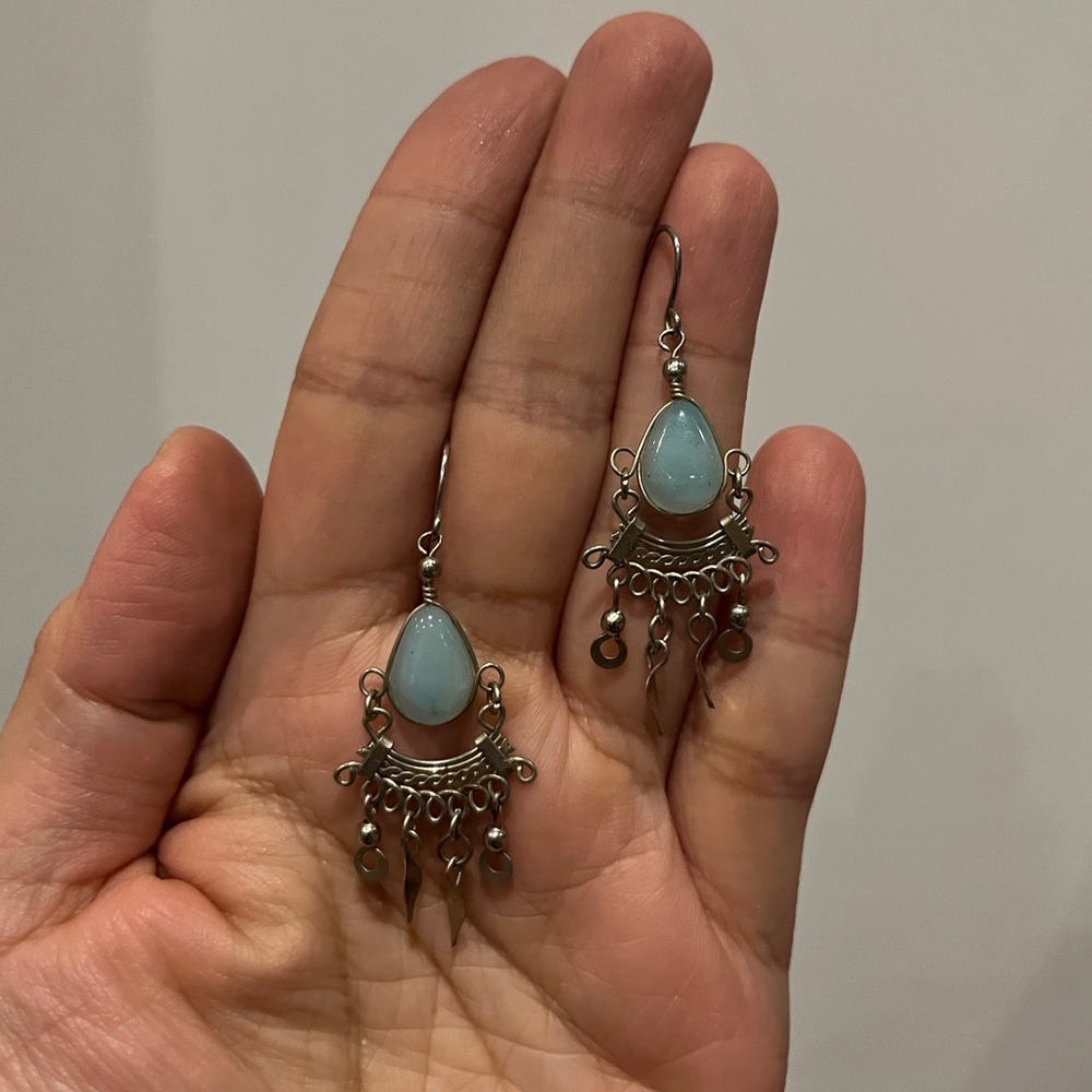 Peruvian Alpaca Silver Tribal Moonstone Chandelier Drop Dangle Earrings Handmade